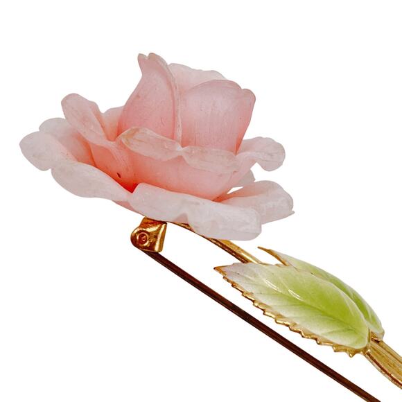 Austria Mid Century Pink Celluloid Rose Brooch Gold Tone Enamel Leaves READ - Picture 5 of 15